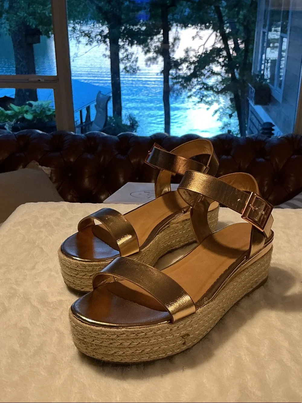 BAMBOO Metallic Gold Espadrille Platform Sandals